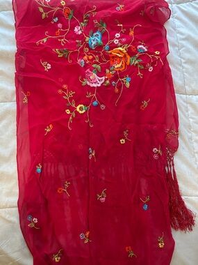 Re/Done Bright Red Floral Embroidered Scarf with Fringe Detail